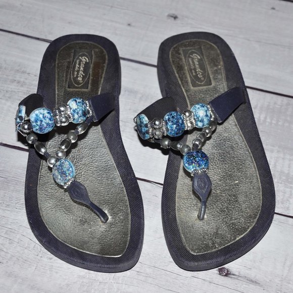 Grandco Sandals Thong Flip Flops With Sapphire Blue Shimmery Beads - Picture 1 of 9
